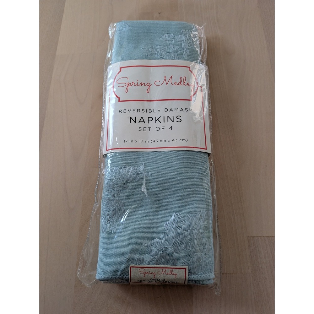 Spring Medley Mist Blue Reversible Damask Floral Napkins Set of 4 17x17 New
